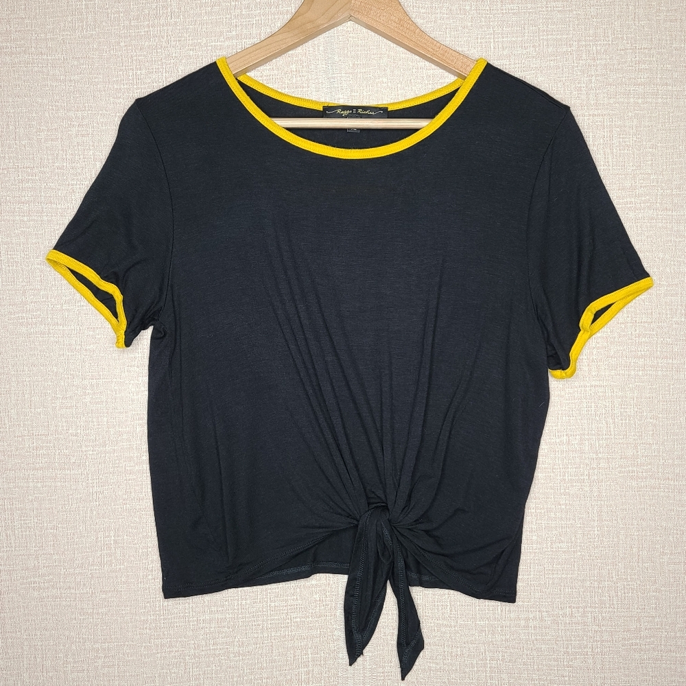 Rags To Riches Women's XL Tie Front Black Crop Top With Mustard Yellow Hem
